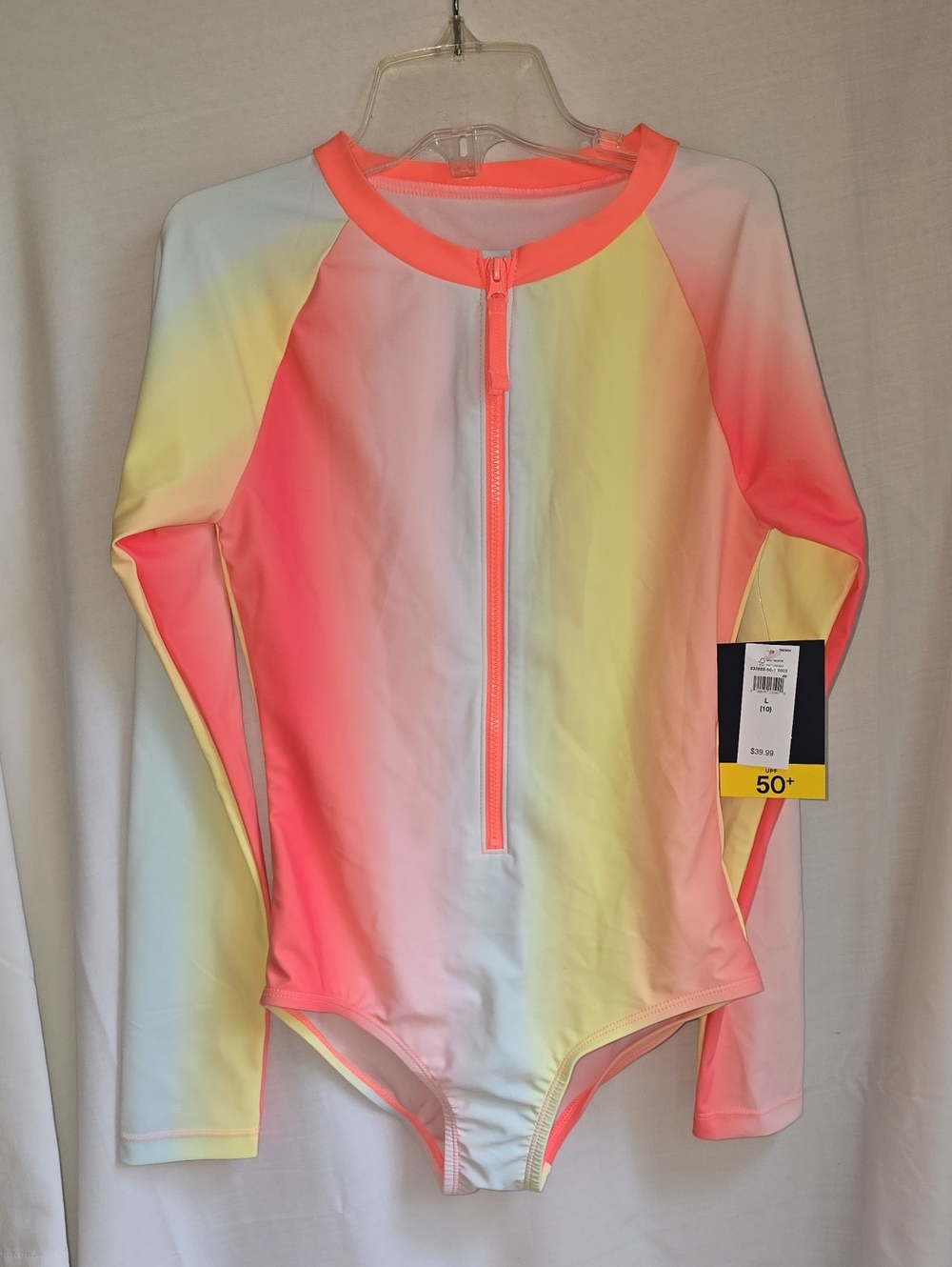 GAP Girls' Long-Sleeve Zip Front Rashguard - Neon Coral, Yellow & White